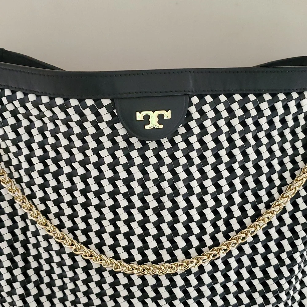 Tory Burch Erica Hobo Bag in Black and White Woven Leather